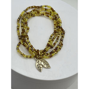 Yellow Brown Glass Micro Bead Leaf Charm Stretch Bracelet SEE ALL